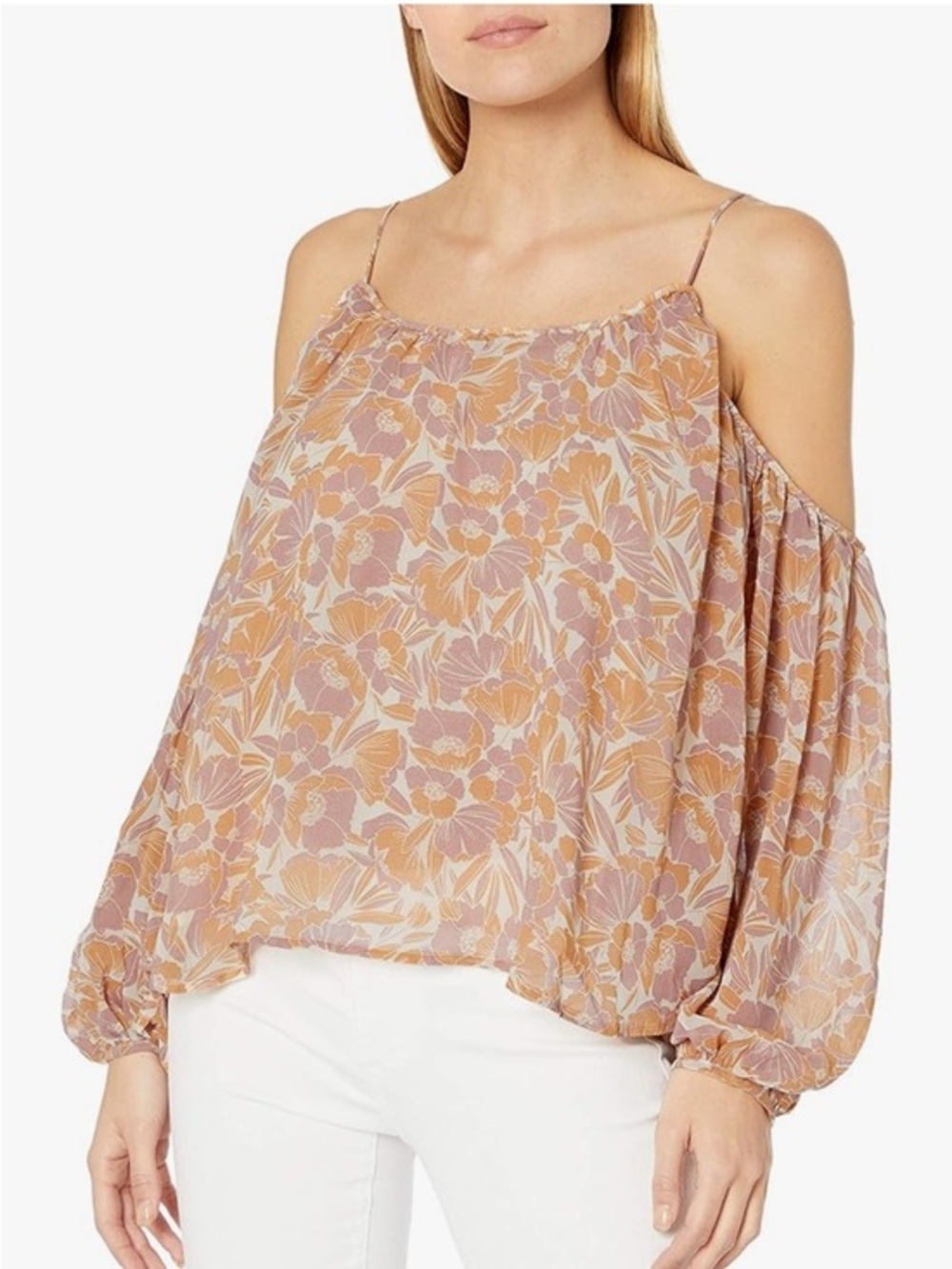Astr Cold-Shoulder Floral Blouse in Mauve and Tan